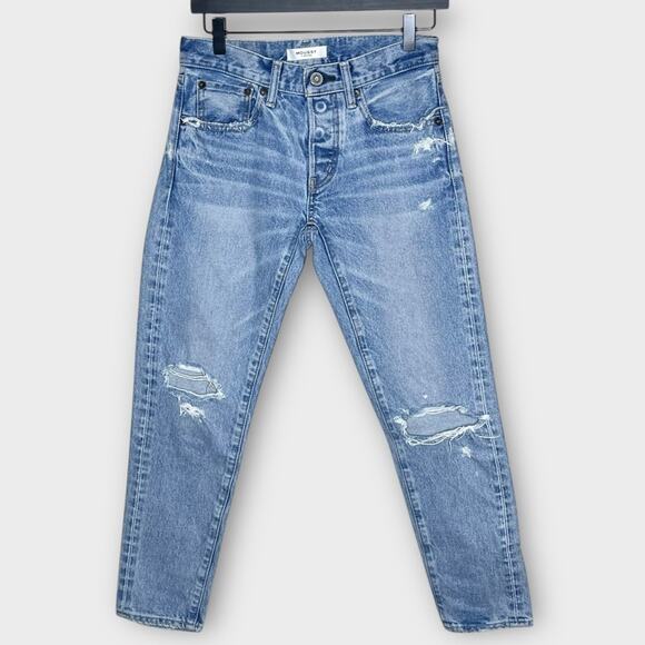 MOUSSY VINTAGE Lewton Rigid Denim button fly distressed tapered jeans size 25 - Picture 2 of 9